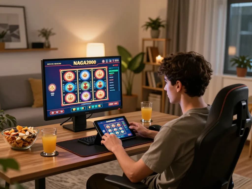NAGA2000 player engaging with mobile slots in a stylish home gaming setup.