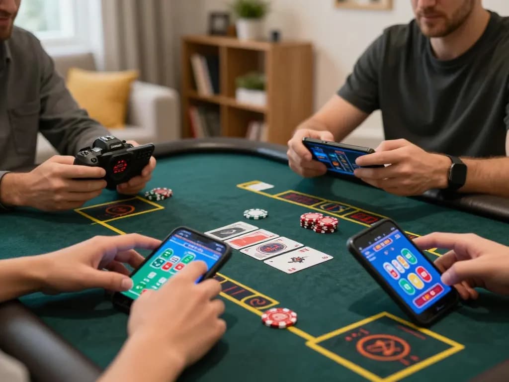 Engaging scene of players strategizing with sky88 mobile casino app on their smartphones at home.
