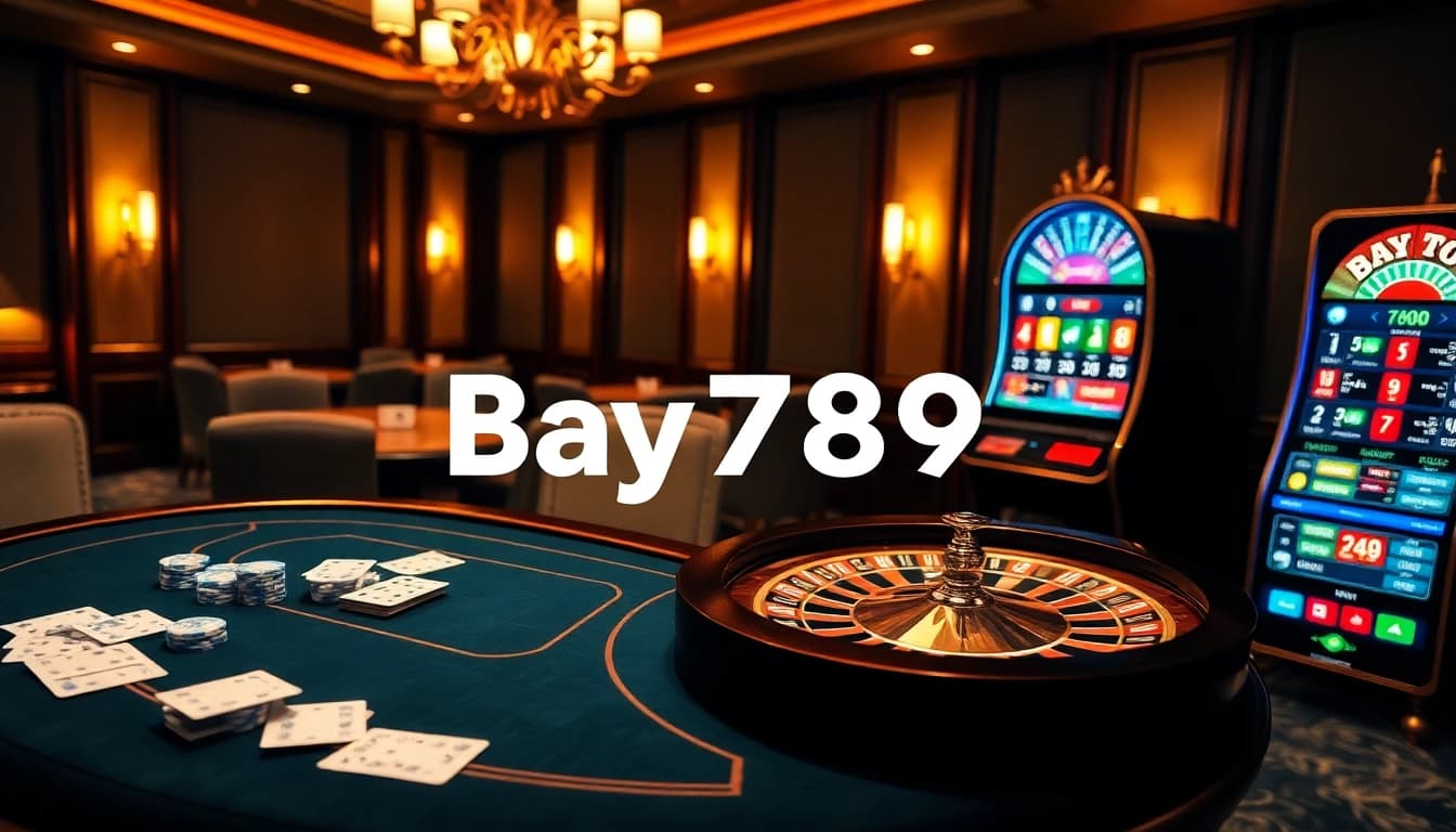 Experience the thrill of gambling at Bay 789 with a vibrant casino scene featuring cards and roulette.