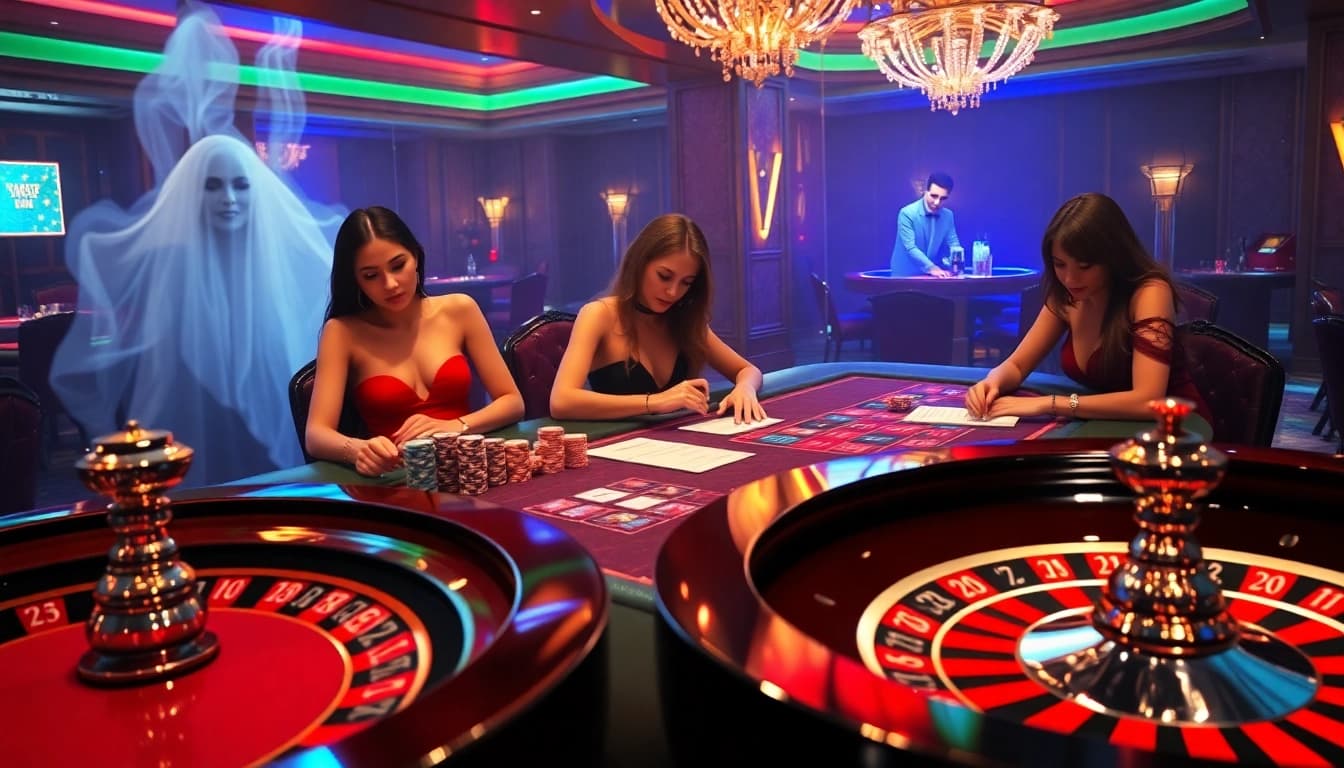 Truyện ma narrative displayed as gamblers wager on high-stakes tables in an electrifying casino ambience.