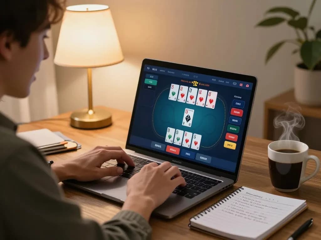 Person playing online poker at home using nhà cái fun79 with strategy notes on the table.