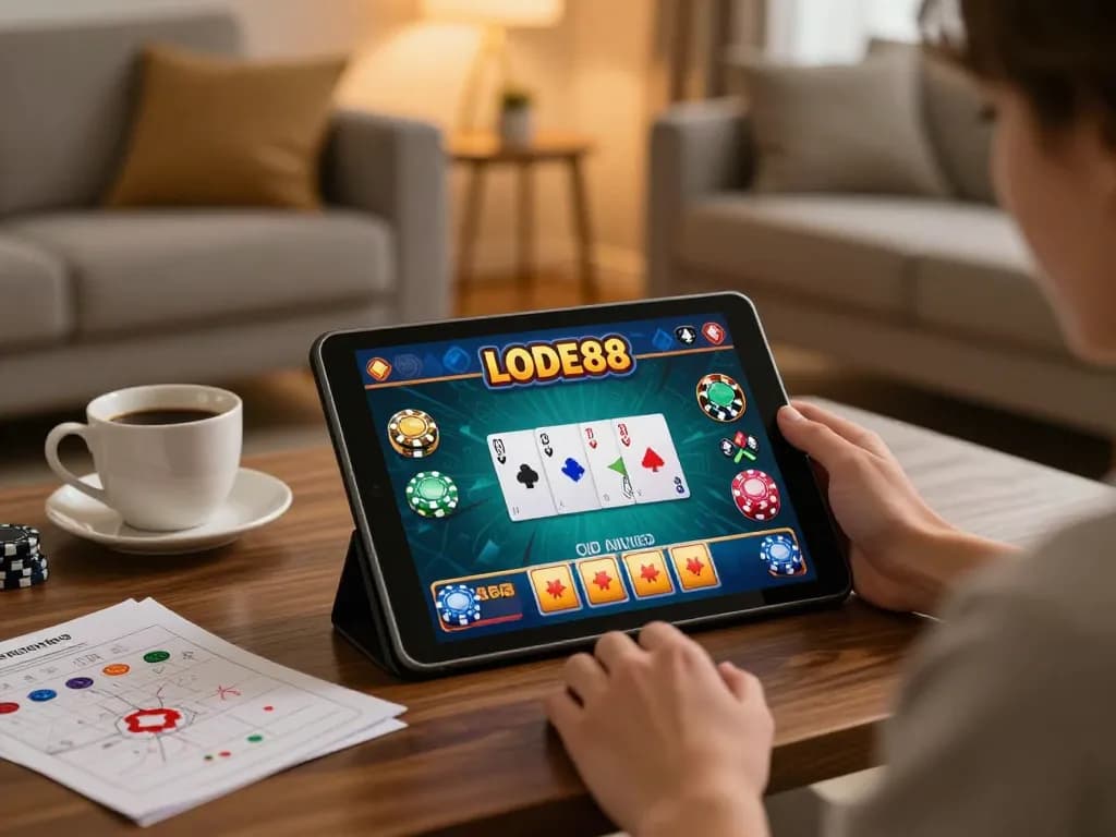 Lode88 player engaging with online casino game interface on tablet in cozy home setting.