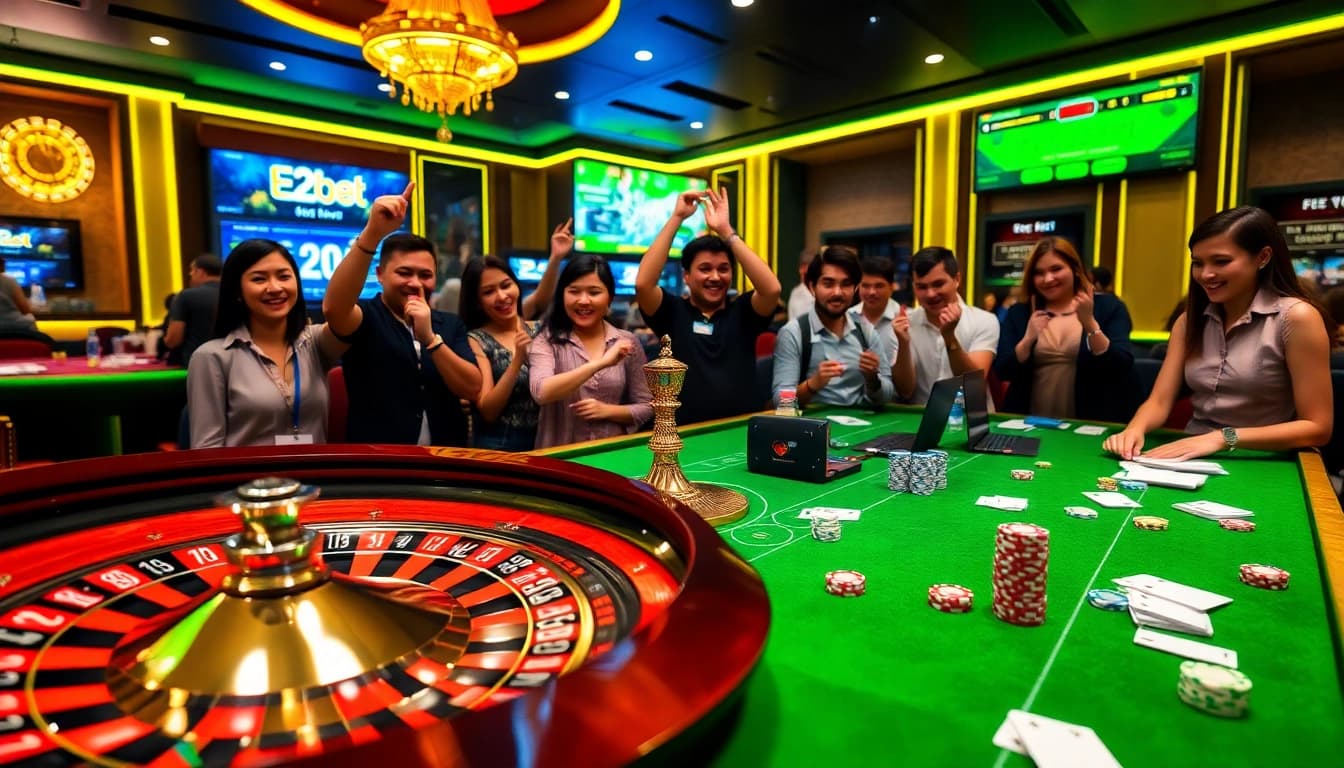 Experience E2bet with vibrant casino tables and exciting betting displays filled with poker chips.