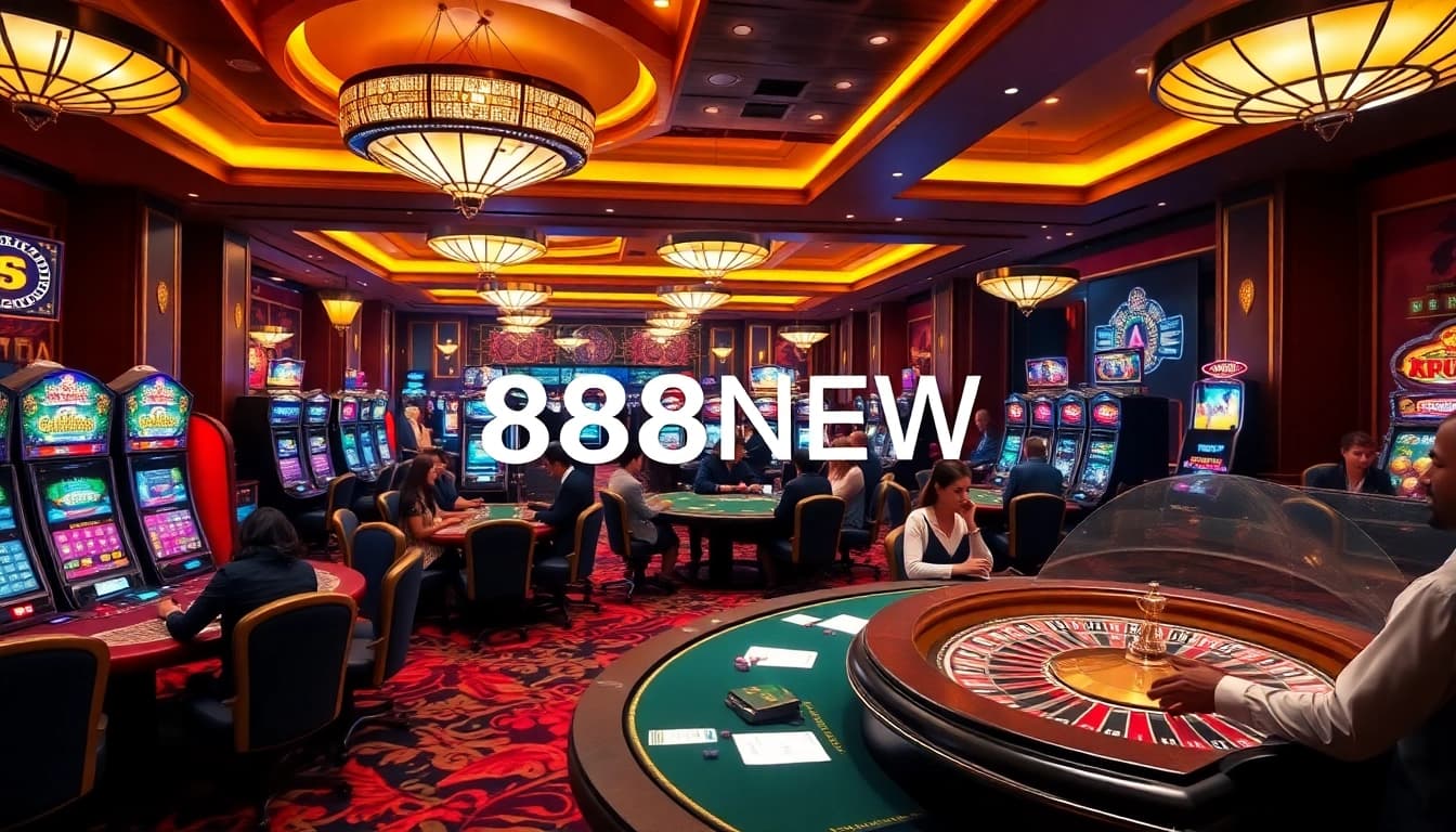 Experience excitement at 888NEW with players enjoying poker, roulette, and vibrant slot machines.