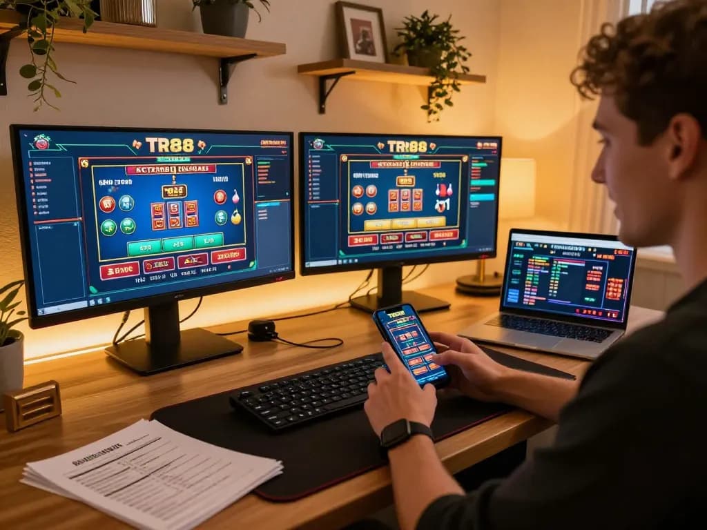 Engaged player enjoying TR88 chính thức's online games on multiple screens with joyful expression