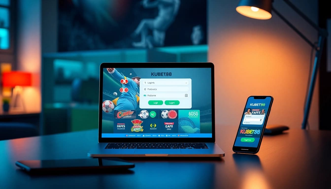 Đăng Nhập KUBET88 – Bước Đầu Chinh Phục Hành Trình Cá Cược with a user-friendly interface showcasing betting options on a laptop and smartphone.