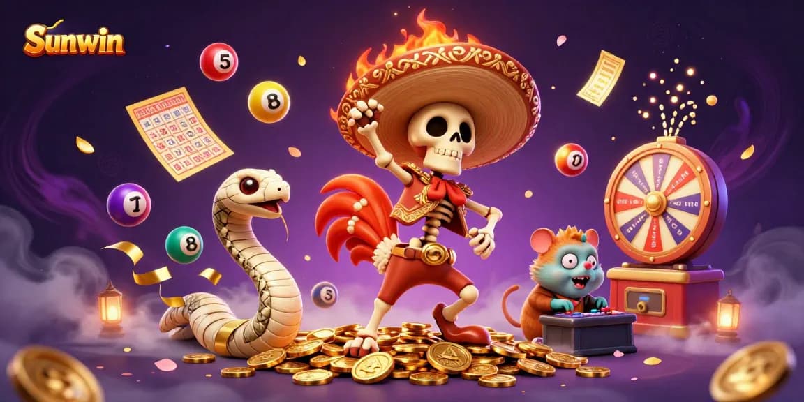Join the excitement at Sunwin's energetic casino scene filled with colorful lottery elements and vibrant characters.