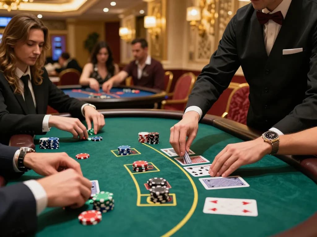 Go88 players strategizing at a blackjack table surrounded by elegance and excitement.