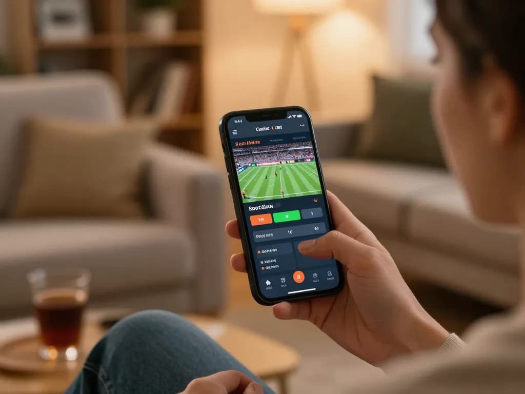 Engaging with Trang chủ F8bet on a smartphone during a home sports betting session, showcasing responsible gambling.