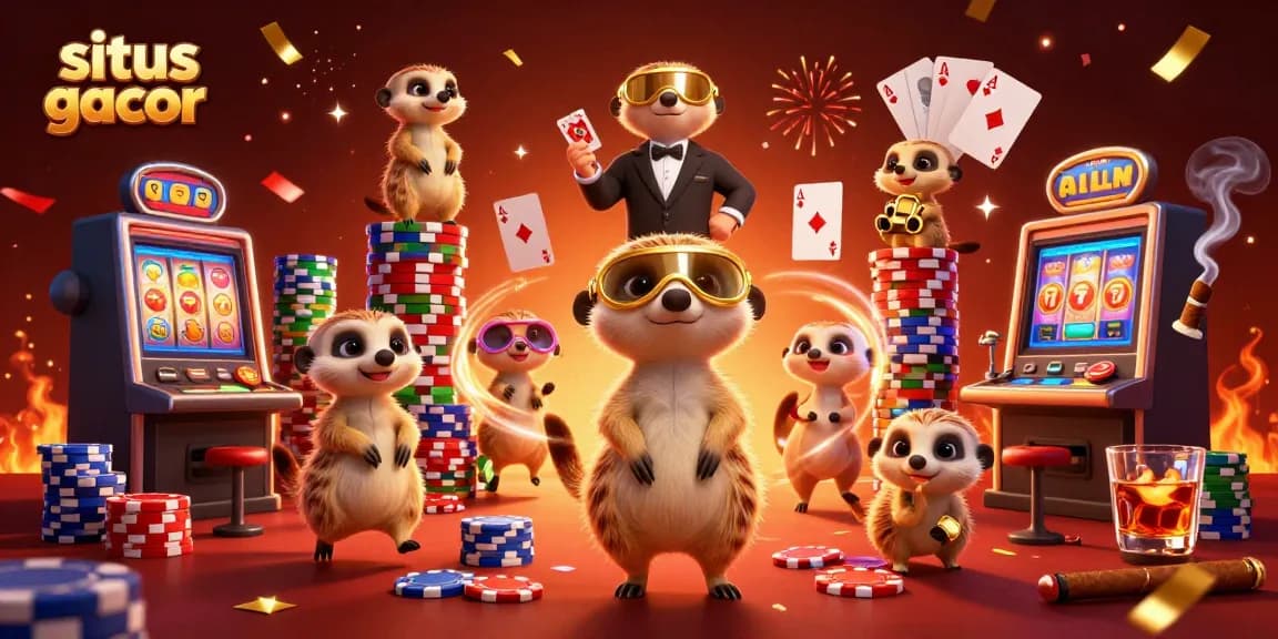 Situs gacor showcases lively meerkats in a casino setting, featuring slot machines and colorful poker chips.