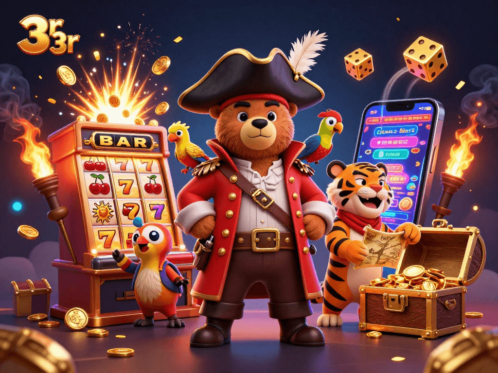 Experience the excitement of 3r 3r with vibrant characters and a thrilling casino scene filled with rewards.