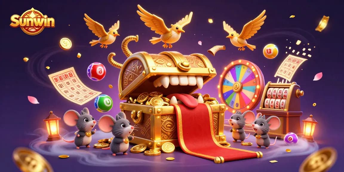 Sunwin casino dynamic scene showcasing treasure chest and colorful lottery elements to engage players.