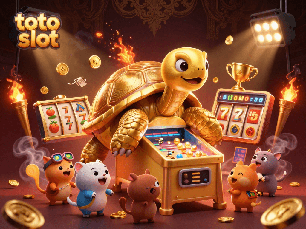 Engage with the thrilling toto slot experience featuring golden tortoise and slot reels in vibrant colors.