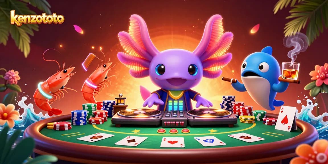 Kenzototo showcases an energetic 3D scene with a neon axolotl DJ surrounded by vibrant poker elements.