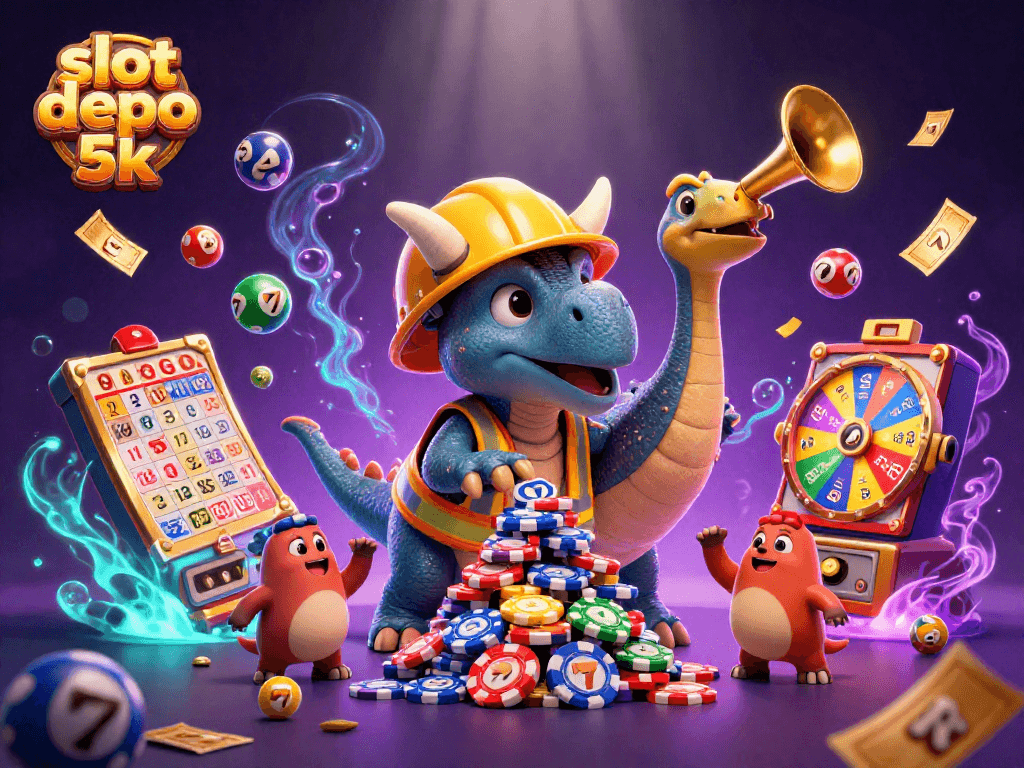 Engage with the vibrant slot depo 5k scene featuring a triceratops building a poker chip pyramid.