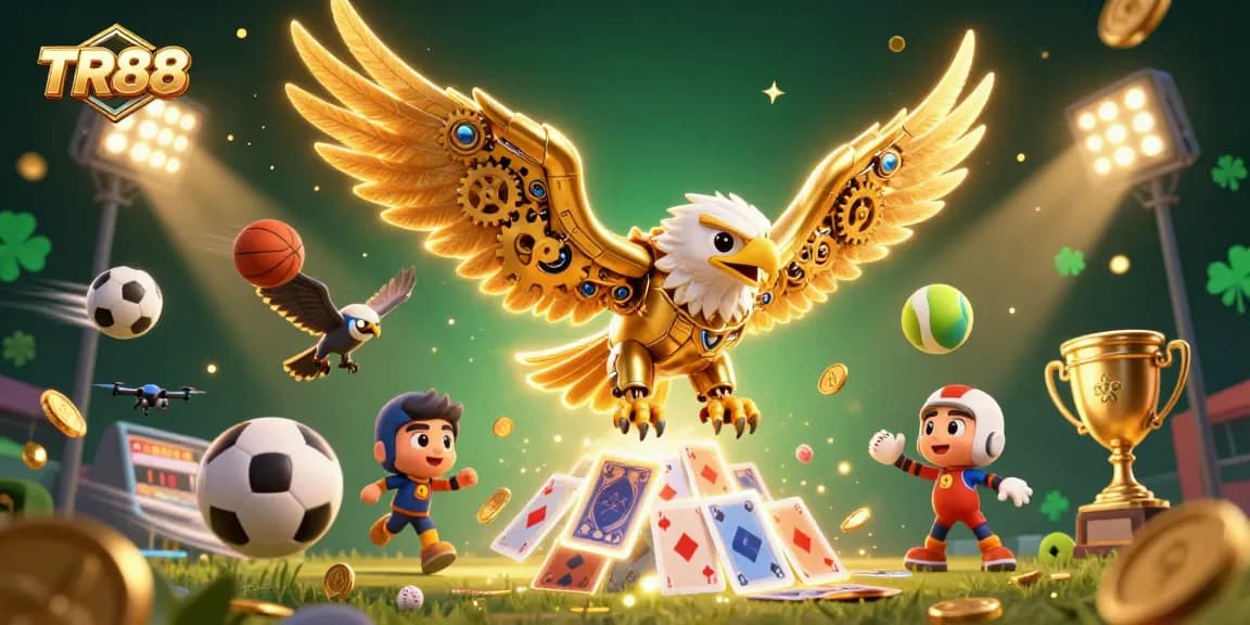 Experience thrilling gameplay at TR88 with a golden eagle soaring amidst dynamic sports elements and holographic cards.