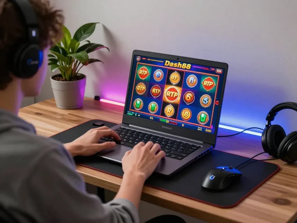 Player enjoying Dash88's high RTP slot games on a laptop in a vibrant digital gaming setup.