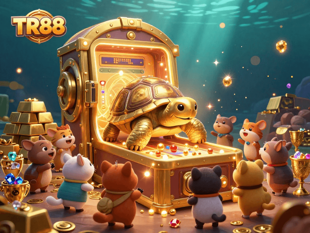 Experience the excitement of TR88 with a vibrant scene of a golden tortoise pinball, gems, and treasures.