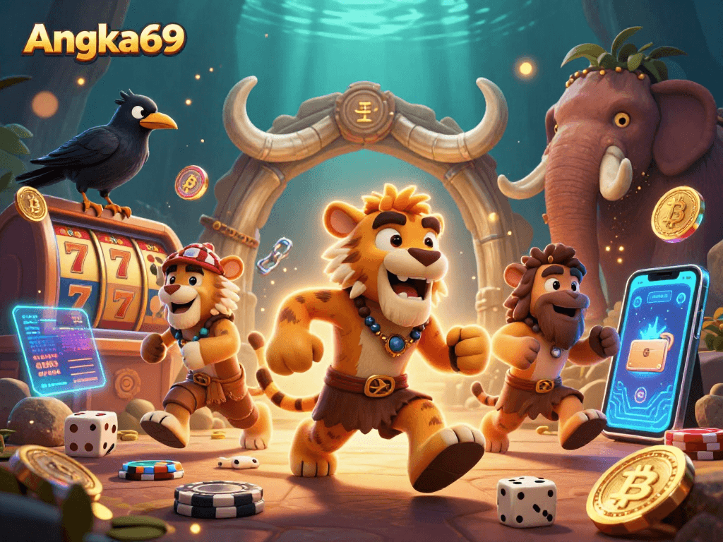 Join Angka69 for thrilling slot games in a prehistoric casino scene filled with vibrant elements!