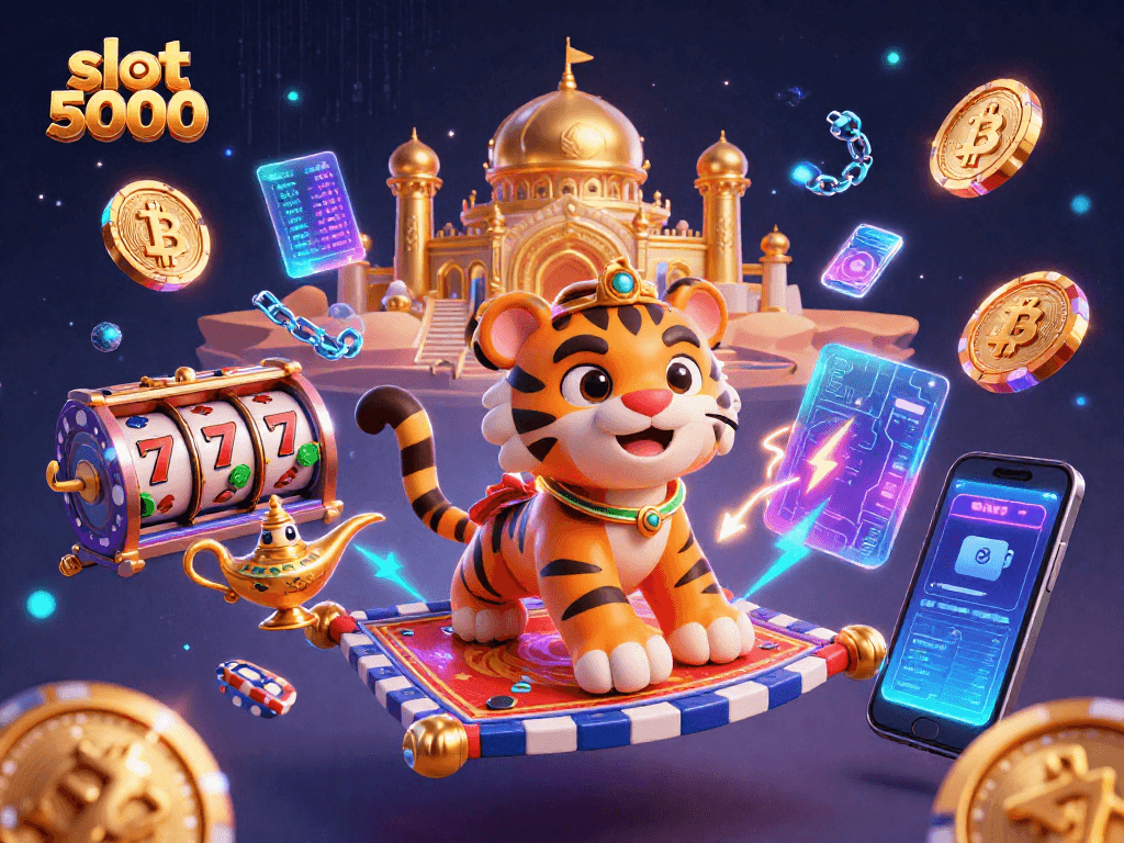 Spin the slot 5000 reels with vibrant symbols and neon elements in a dynamic casino scene.