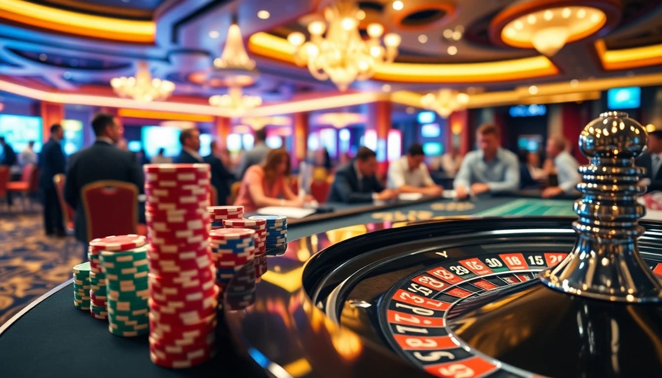 Experience excitement at y3娱乐 with vibrant casino gaming, featuring colorful chips and lively roulette wheels.