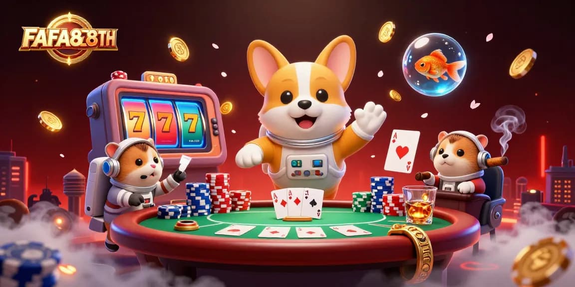 FAFA828TH slots and casino gaming scene featuring a corgi astronaut floating amid vibrant slot reels and poker elements.