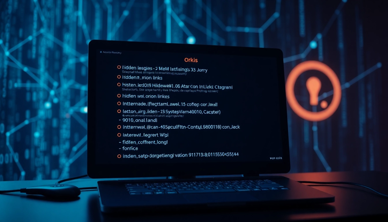 Hidden Wiki directory showcasing dark web .onion links in a mysterious digital interface.