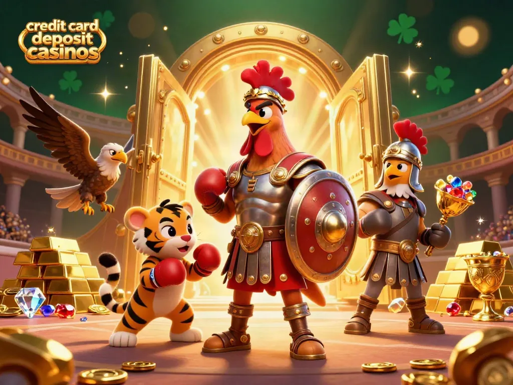 Engage in thrilling action at credit card deposit casinos with vibrant 3D characters and golden treasures.