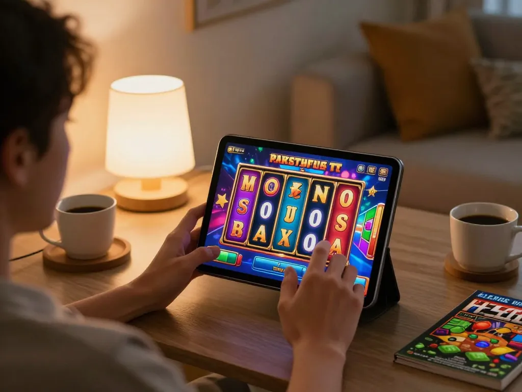 cm88 player experiencing thrilling slot games on tablet from home while enjoying comfortable surroundings.