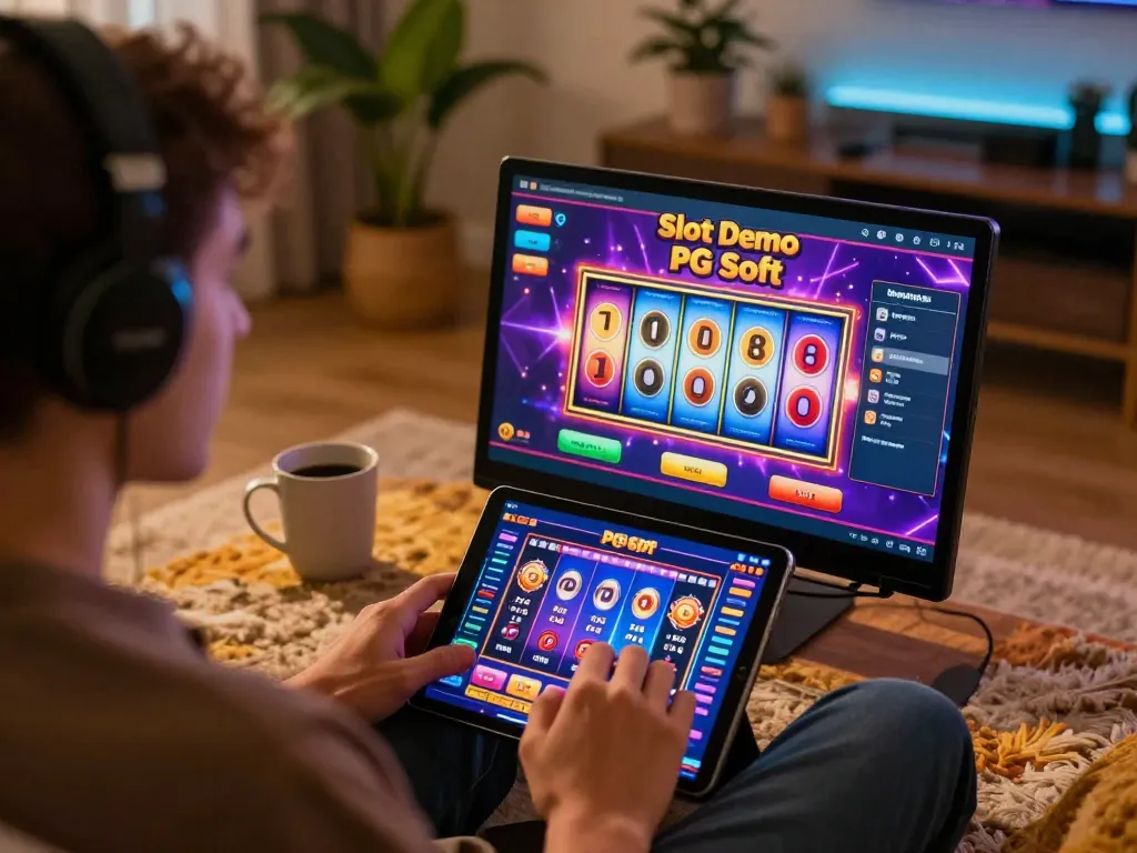 Pengalaman bermain game online yang menarik dengan Slot Demo PG Soft di tablet, suasana rumah yang nyaman