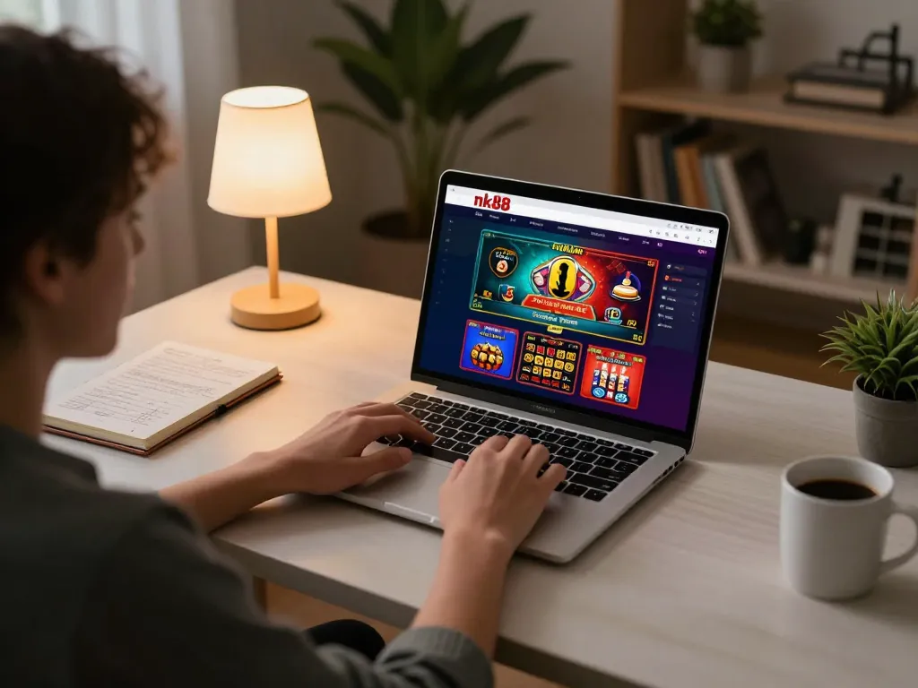 Player engaging in online gambling at nk88 with a vibrant gaming interface and strategy notes.