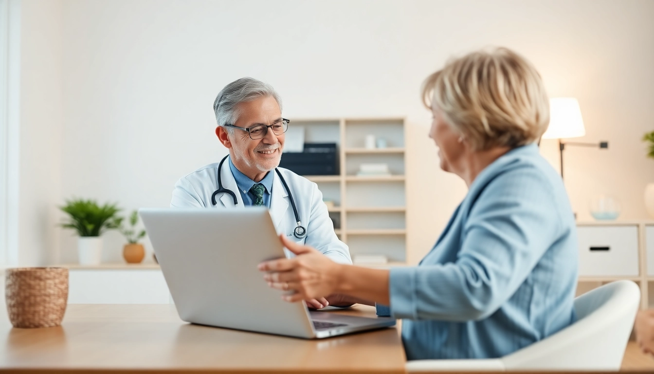 Conducting an online doctor visit pay per visit with a caring doctor in a bright home office setting.