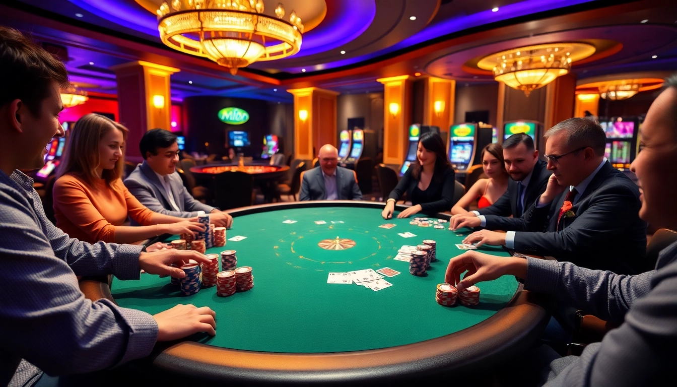 mi88 players enjoying an exciting poker game at an upscale casino table surrounded by bright chips.