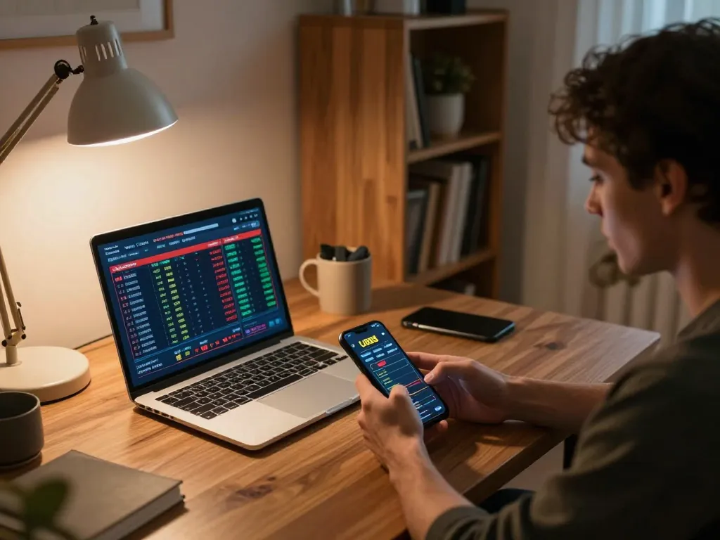 Person engaging in mobile gambling on U888, highlighted by a warm home office setting, showing strategic gaming.