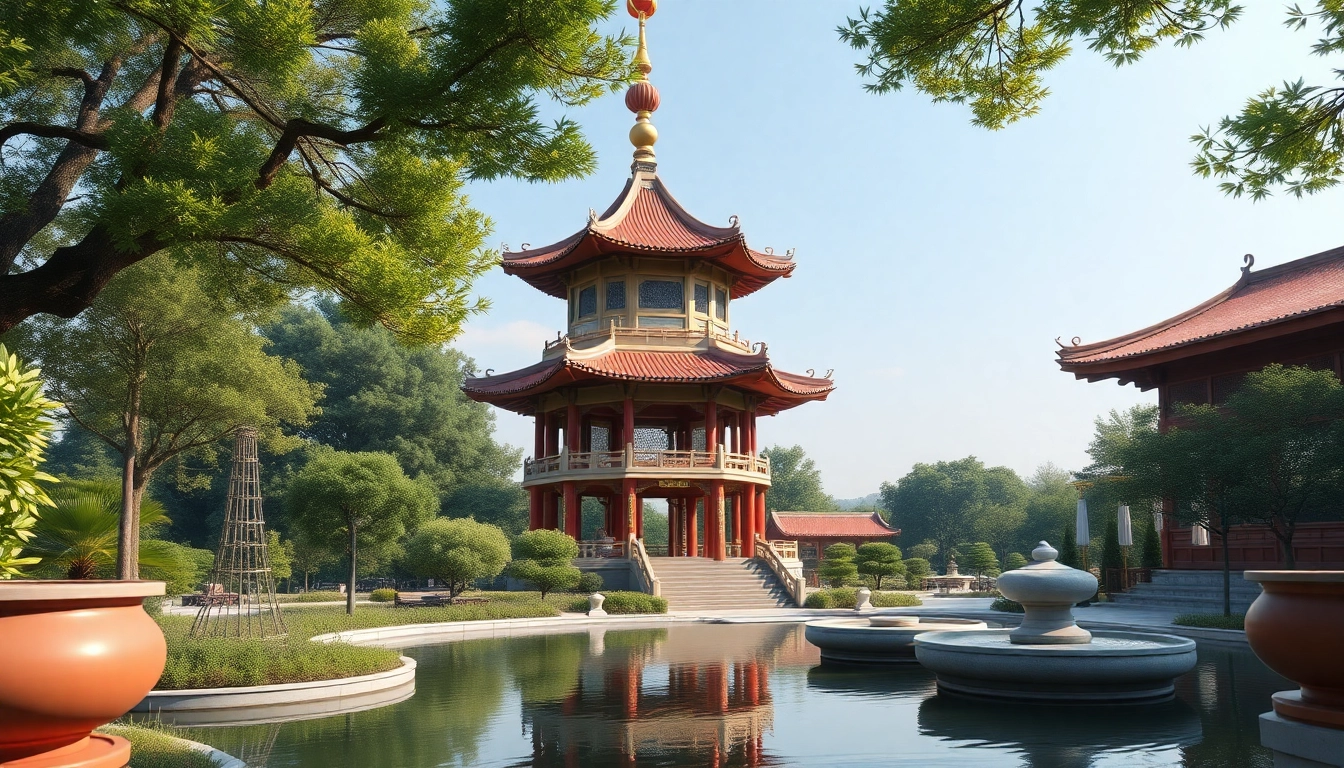 展示優塔特色的傳統中國塔樓，環繞於寧靜的花園中。