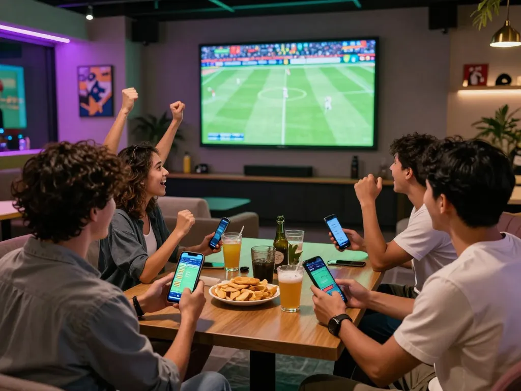 Engaged friends celebrating kèo nhà cái while watching live football match with smartphones and snacks