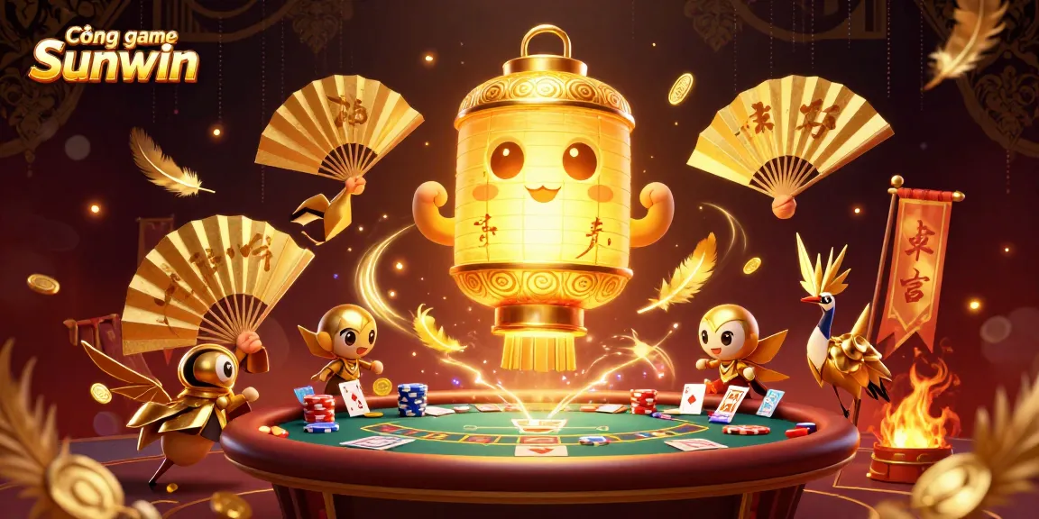 Cổng game Sunwin showcases vibrant casino elements with golden lanterns and dynamic betting action.