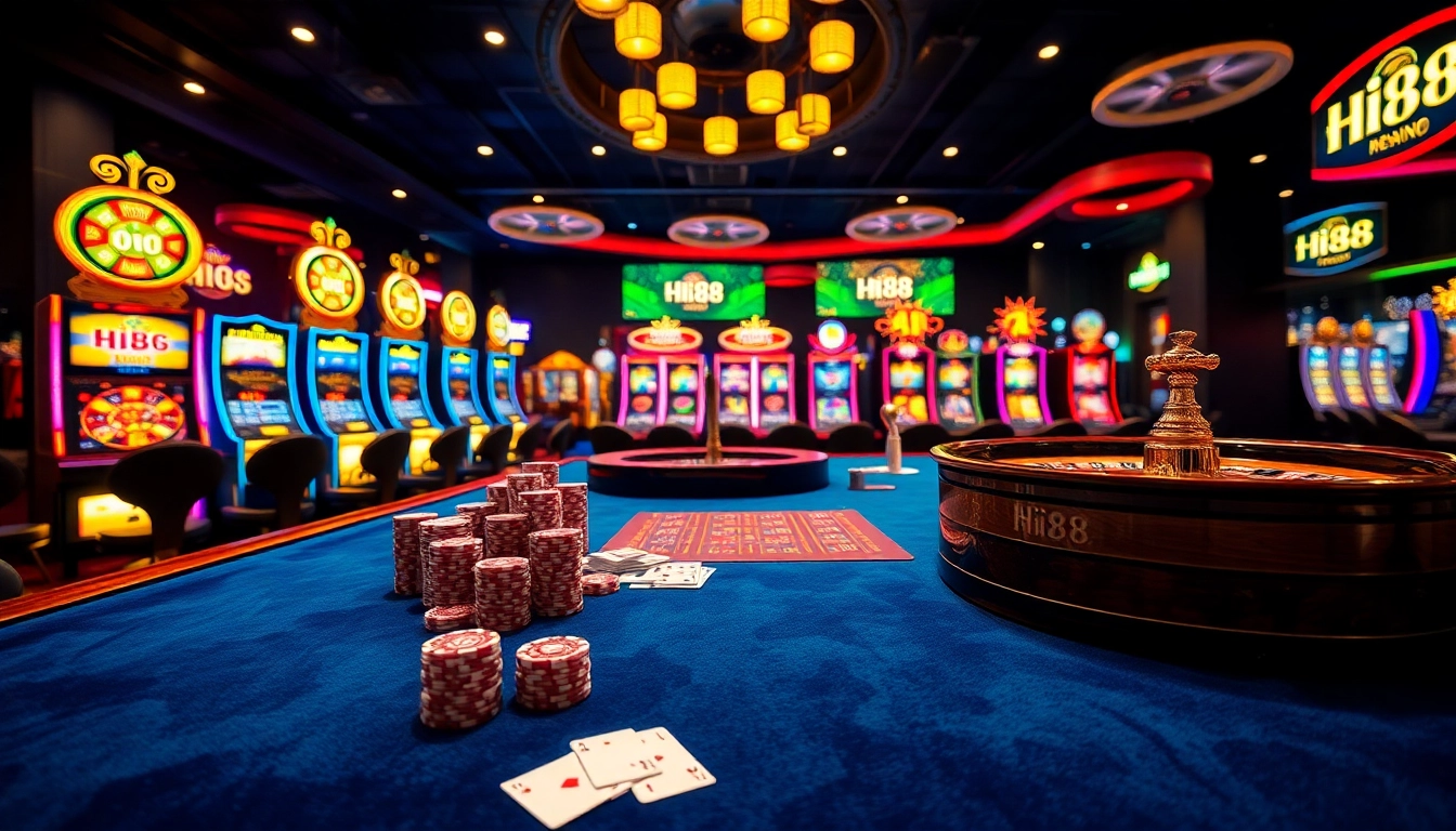 Experience thrilling gameplay at Hi88 with vibrant poker chips and roulette in a luxurious casino setting.