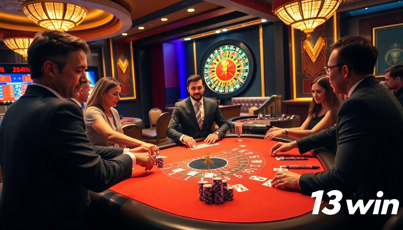 Players enjoying a thrilling game at the 13win casino table with vibrant poker chips and a roulette wheel.