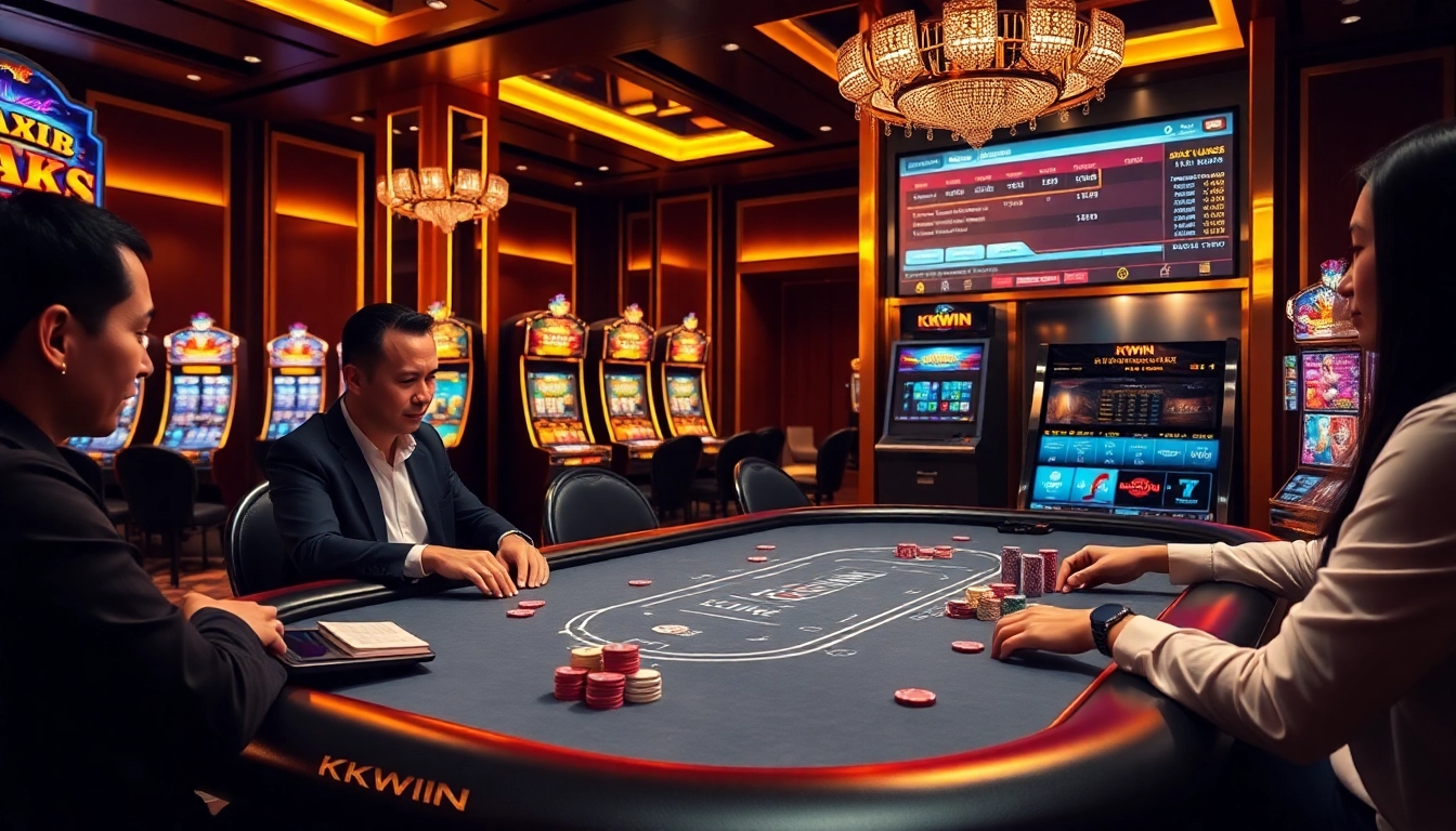 Kkwin gaming table experience with players engaged in poker under vibrant casino lighting.