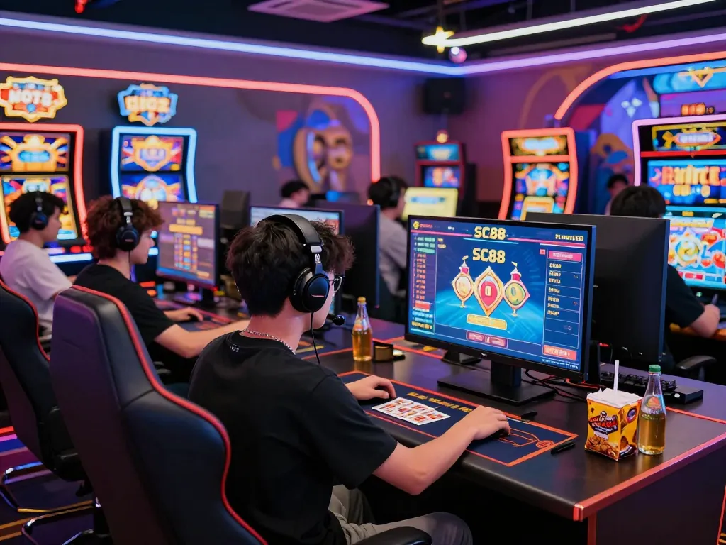 Engaged player on SC88 trang chủ in a modern gaming setup, immersed in casino thrills with vibrant lights.