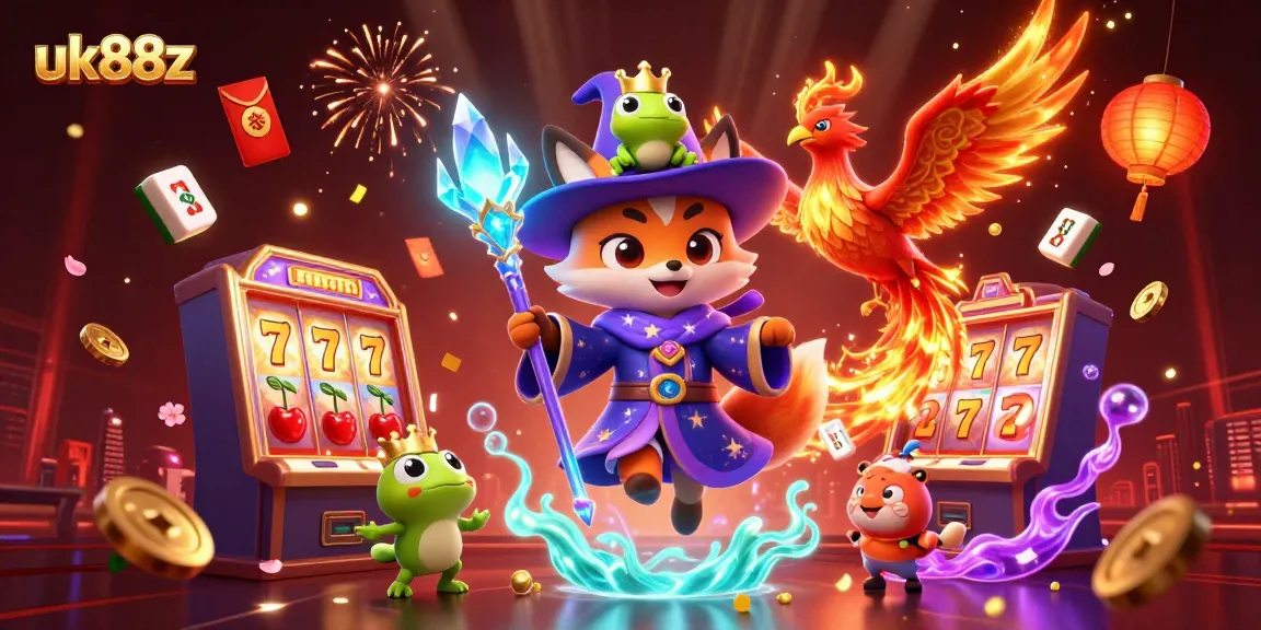 Experience the thrill of uk88z slots with a magical 3D scene of a wizard fox, phoenix, and enchanted elements.