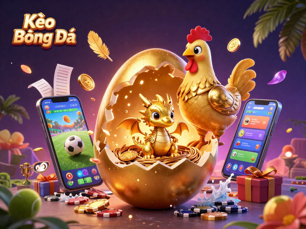 Kèo Bóng Đá sports betting scene with a golden dragon and poker chips amidst dynamic gaming elements.