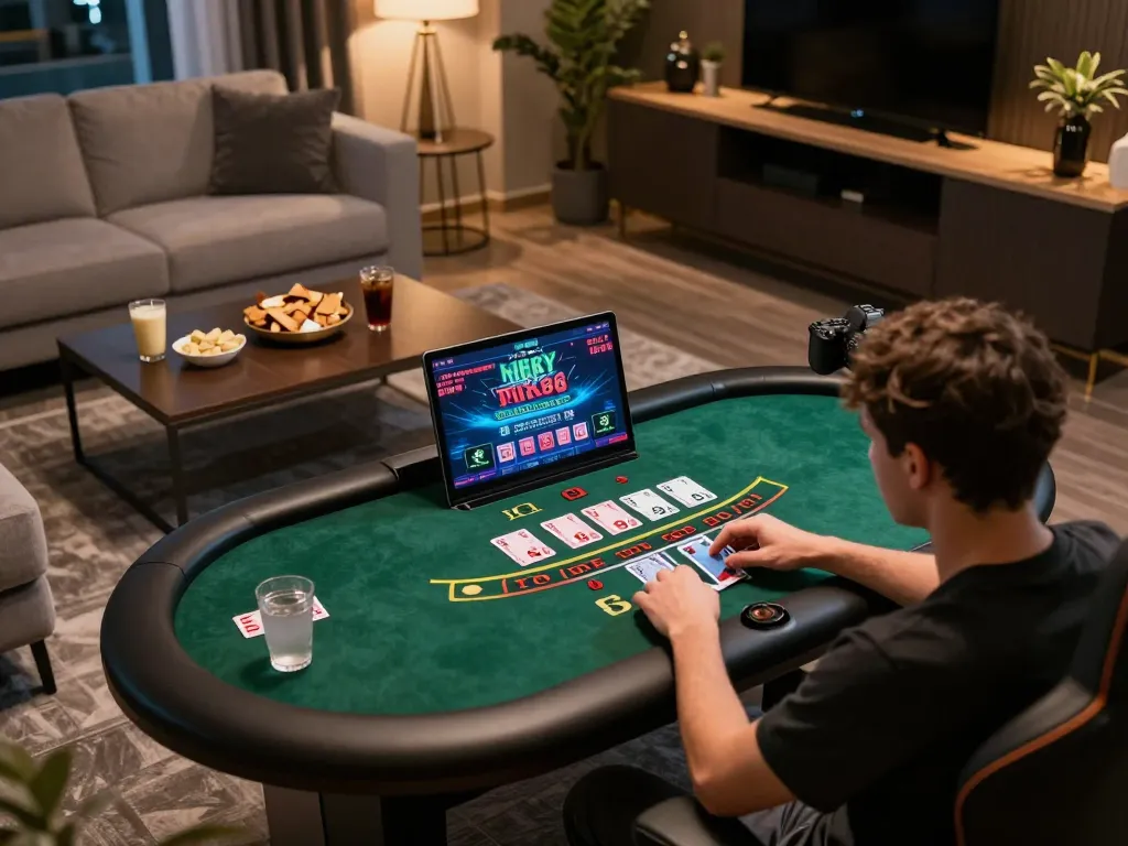 An engaged player at nk88 enjoying live dealer blackjack on a laptop in a modern gaming room.