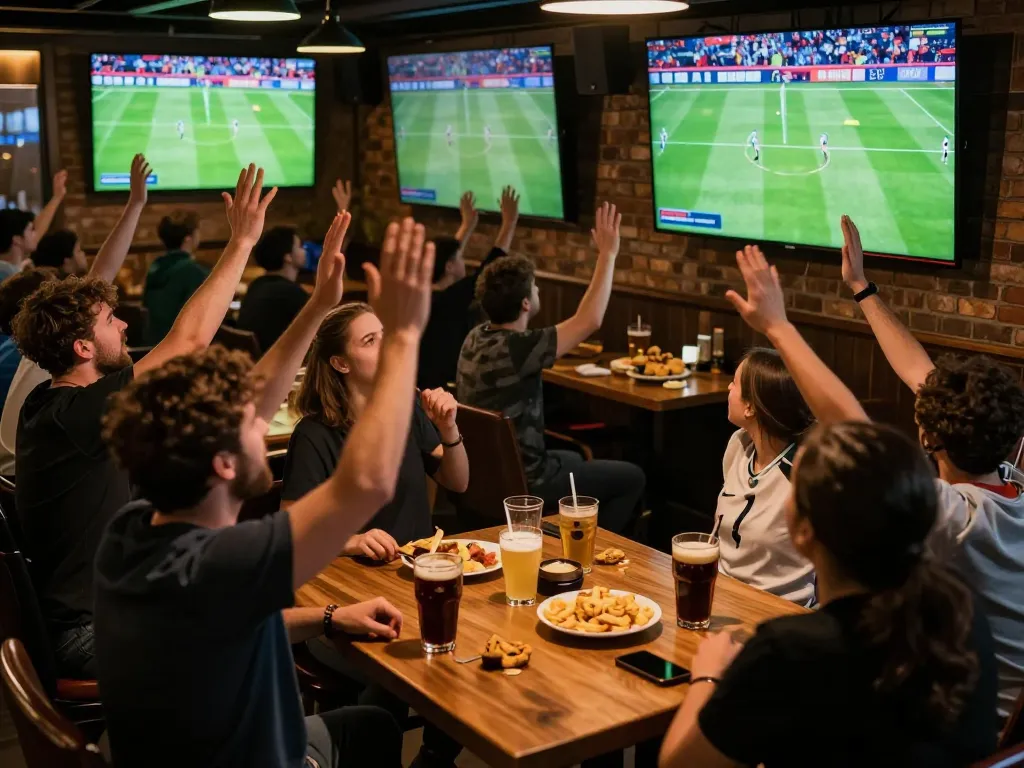 Cakhiatv connects soccer fans in a lively sports bar atmosphere, capturing passionate reactions during a live match.