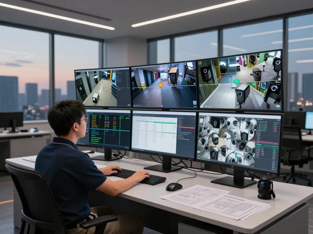 Technician analyzing HD4D camera feeds in a modern security control room environment.