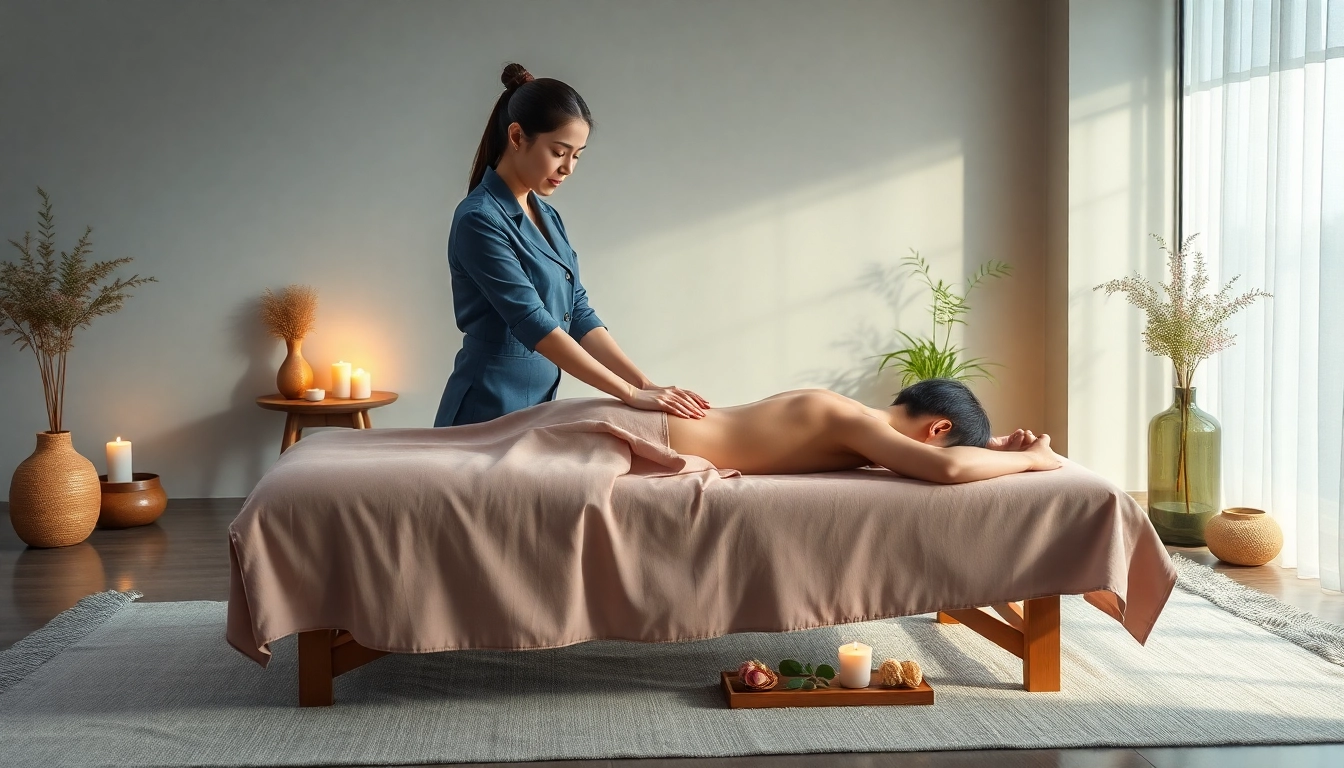Relaxing 오산출장마사지 scene with a young therapist and calming spa elements.