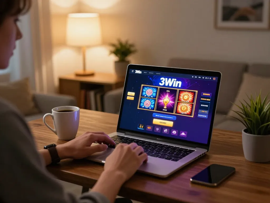 Engaging with 3Win online casino interface while enjoying a comfortable home gaming setup.
