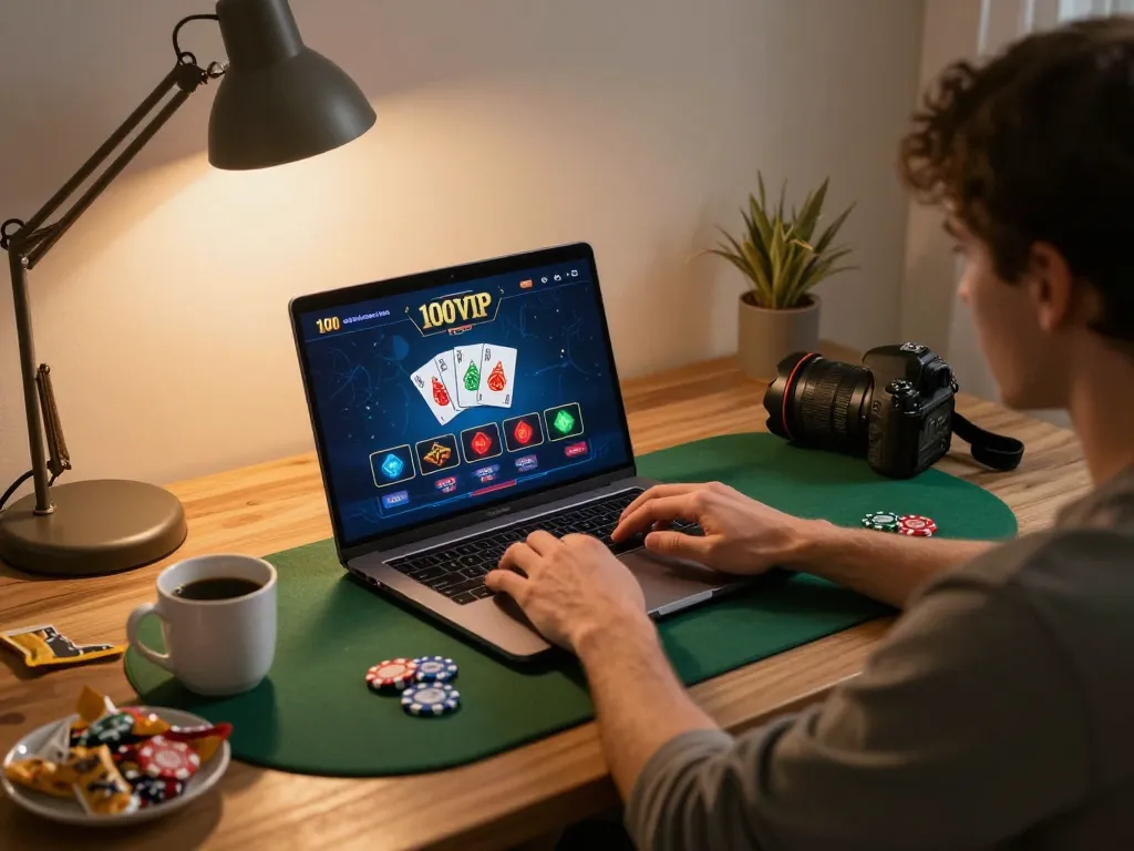Player engaging in online gaming with 100VIP interface, showcasing an immersive home casino environment.