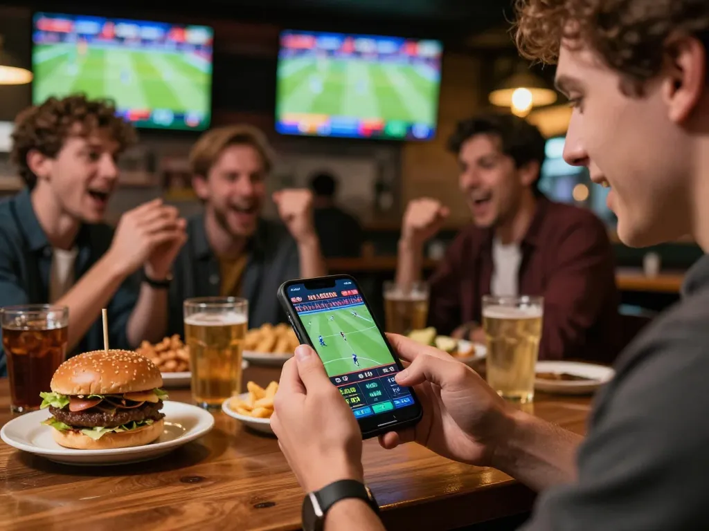 Betting on live sports via smartphone at 888New in a vibrant sports bar atmosphere.